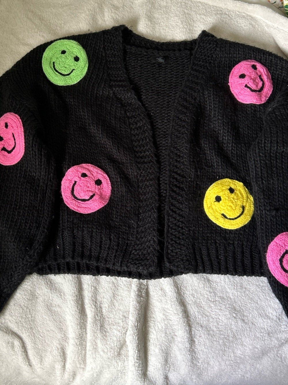 debut Black Cropped Cardigan with Pink, Green & Yellow Smiley Patches
